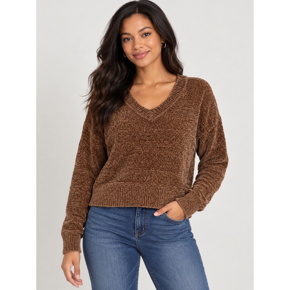 SO good for life V-Neck Junior's Sweater Brown Cropped Knit Pullover Medium